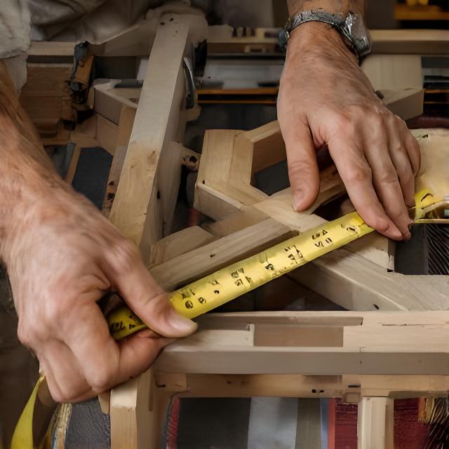 Werkstattmitarbeiter misst ein freigelegtes Sessgestell mit Massband und Holzlehren in der Polsterei