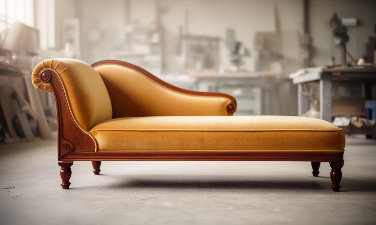 Komplett restaurierte Chaiselongue vor einem neutralen Werkstatt-Hintergrund mit weichem Tageslicht